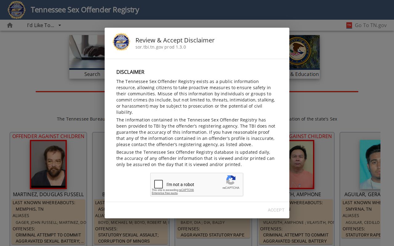 Coffee County sex offender registry search screen from TBI