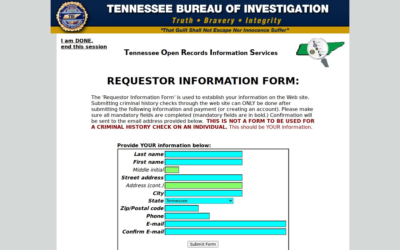 Coffee County criminal record TORIS requester registration fields
